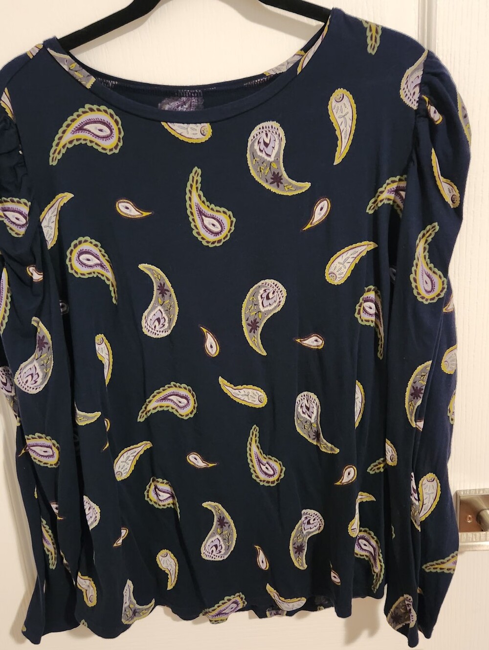 LOFT Navy Paisley-Print Long Sleeve Top with Purple & Yellow Accents